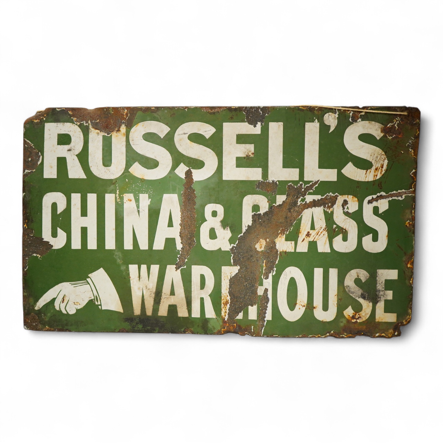 A Russell’s China & Glass Warehouse enamel advertising sign, 35.5 x 61cm